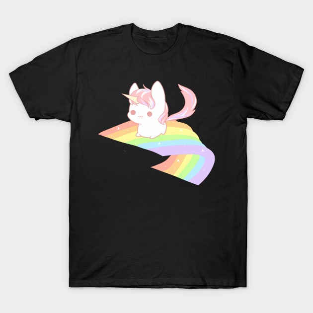 Cute pink fluffy unicorn on a pastel rainbow T-Shirt by Con98